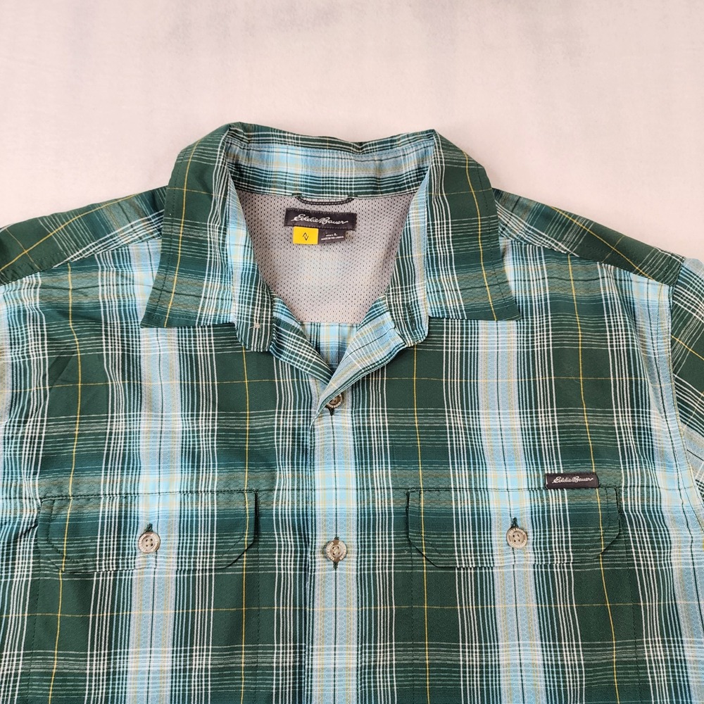 Eddie Bauer Travex Shirt Mens L Green Plaid Nylon Blend Mesh Back Button Down‎